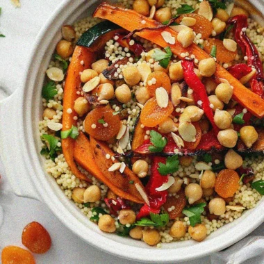 Beautifully plated moroccan couscous recipes with roasted vegetables, chickpeas, and almonds in white bowl