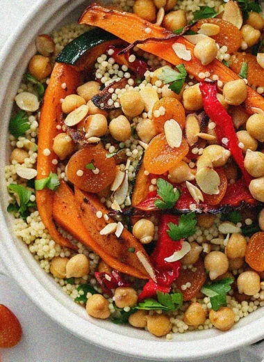 Beautifully plated moroccan couscous recipes with roasted vegetables, chickpeas, and almonds in white bowl