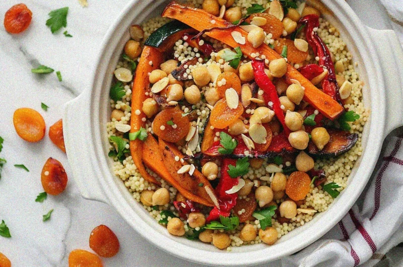 Beautifully plated moroccan couscous recipes with roasted vegetables, chickpeas, and almonds in white bowl