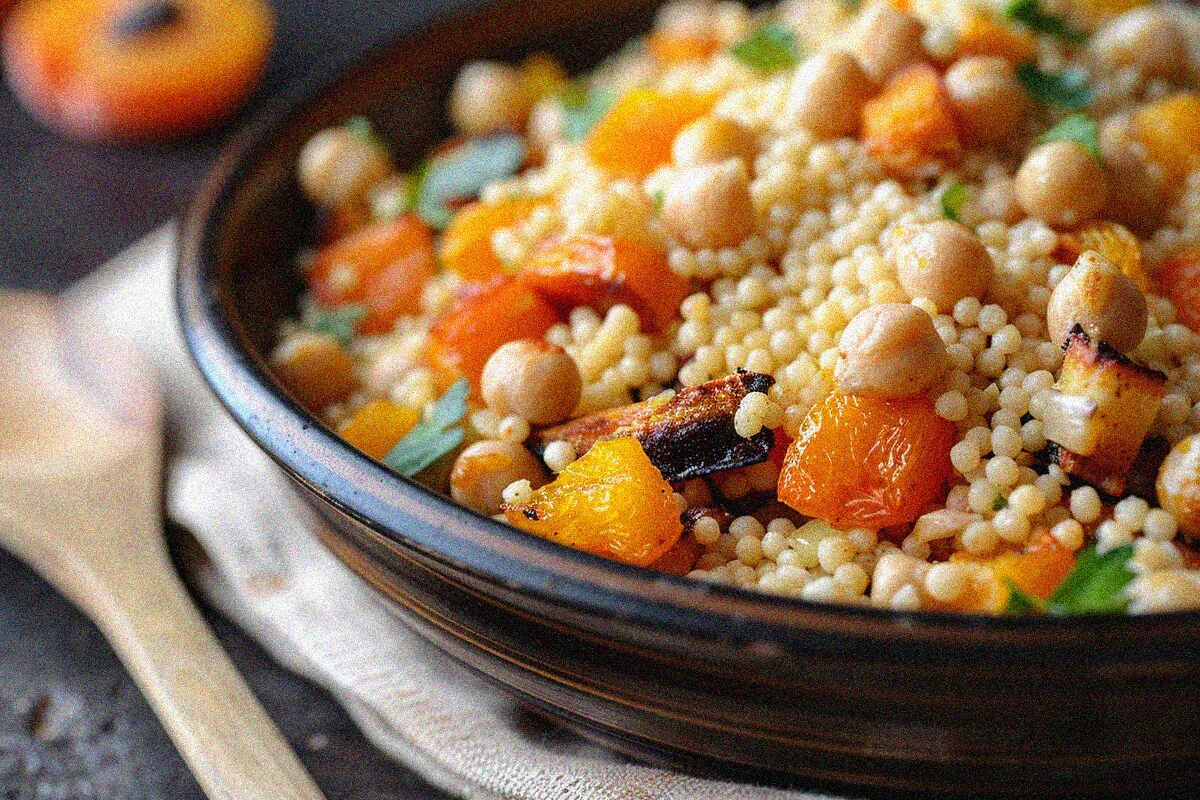 Detailed close-up of moroccan couscous recipes showing texture and ingredient detail